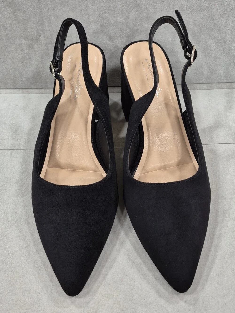 Mostrin sling back pumps women's 38.5 US 8 black suede point toe block heels